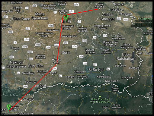 A Google map of the second leg from Watthana Nakkon to Roi Et.