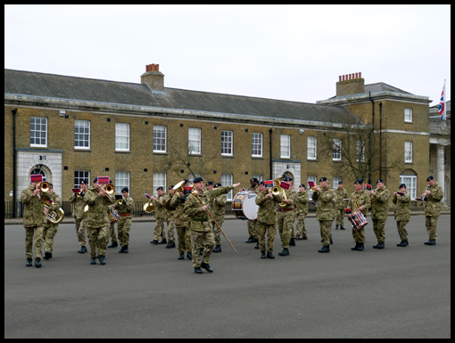The RE Band practise on the Parade Ground at Brompton Barracks.