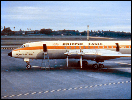 A British Eagle Brittania sits on the tarmac at Singapore Airport.