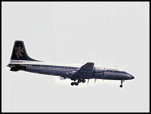 A British Calendonian Airlines Britannia on final approach.